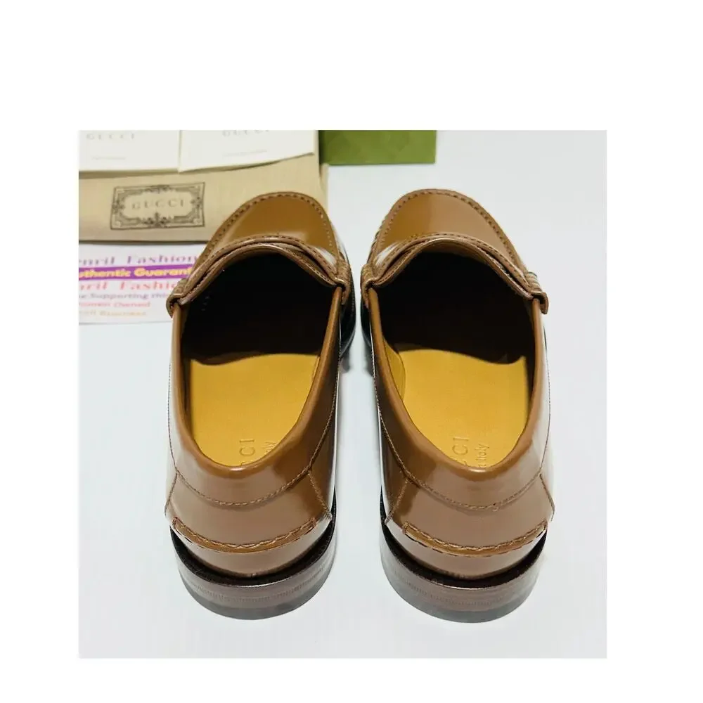 NIB Gucci Interlocking G Size 7.5 US 8 Brown Leather Loafers Slip-On Shoes